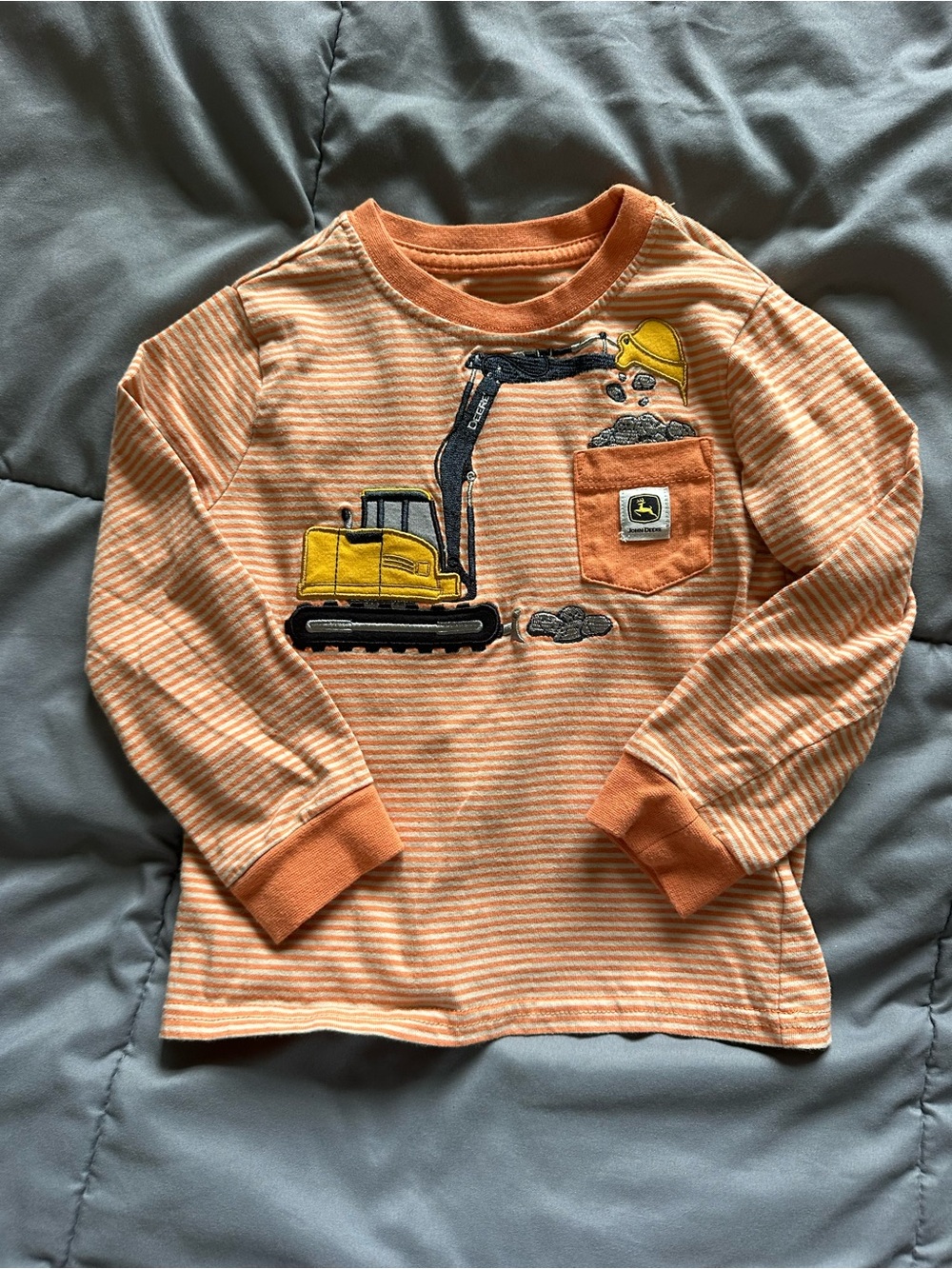 John Deere Excavator Striped Long Sleeve Tee Orange & White Boys 3T